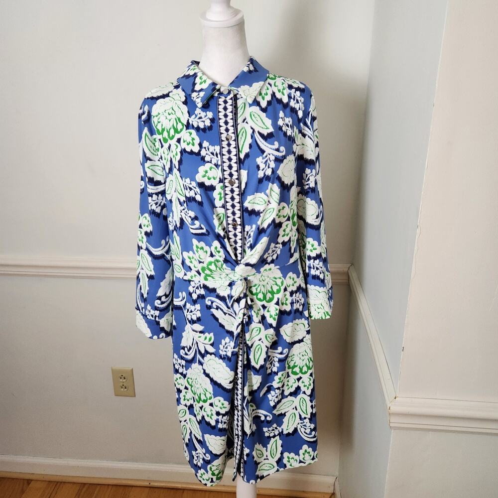 Talbots Effortless Jersey Twist Shirt Dress Sz Large Womens Blue Floral Buttonup